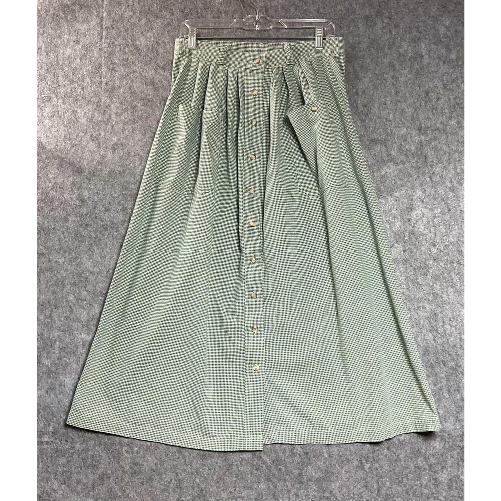 Vintage Skirt Womens Medium Green Check Pockets Maxi Button Front Cotton Cottage